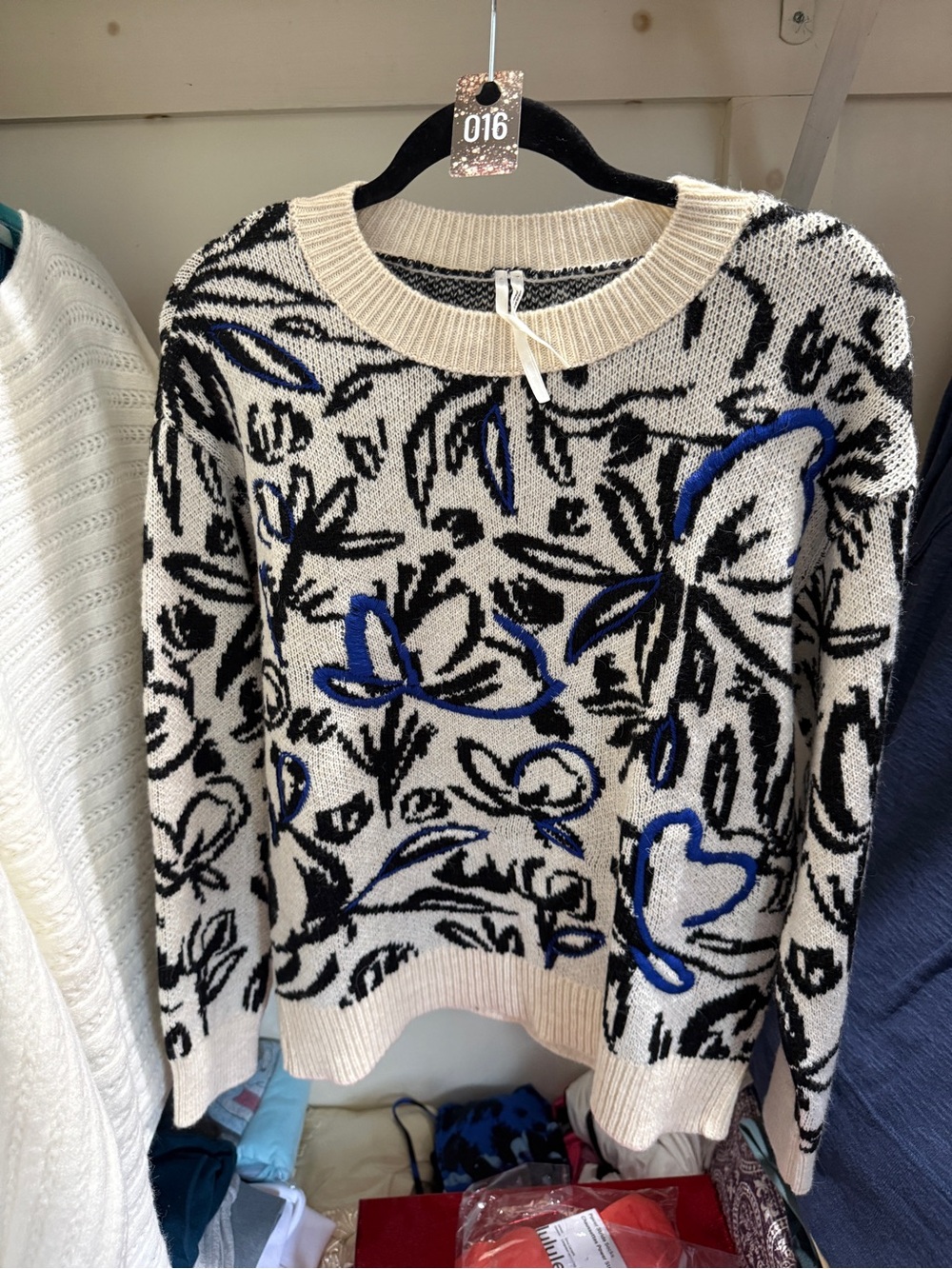 016 Anthropologie Cream Sweater with Black Floral and Blue Accents